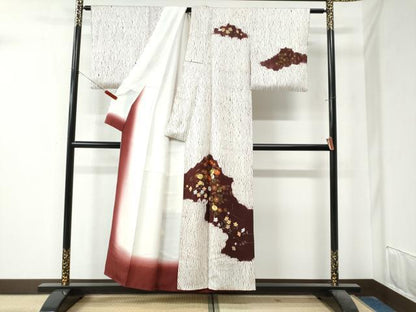 平和屋着物●訪問着　杢目絞り　刺繍　草花文　金彩　正絹　逸品　CAAZ3600yc