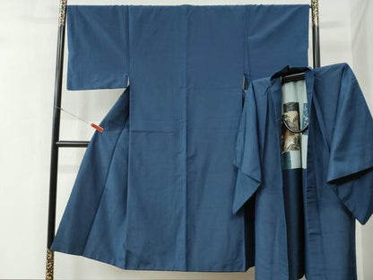 平和屋着物●男性 紬 アンサンブル 色無地 留紺色 正絹 逸品 CAAZ3709yc