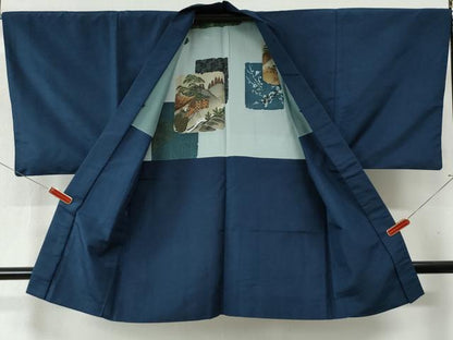平和屋着物●男性 紬 アンサンブル 色無地 留紺色 正絹 逸品 CAAZ3709yc