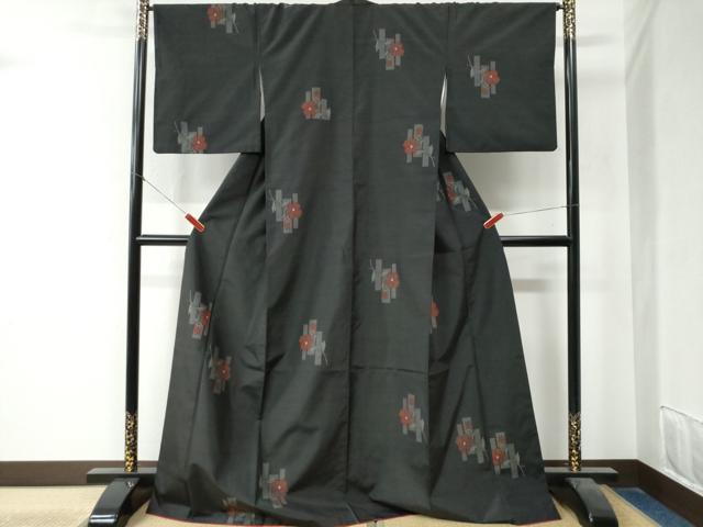平和屋着物●上質な紬 短冊枝花文 黒地 ロング丈 正絹 逸品 CAAZ3792yc