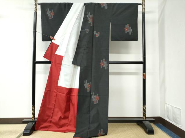 平和屋着物●上質な紬 短冊枝花文 黒地 ロング丈 正絹 逸品 CAAZ3792yc