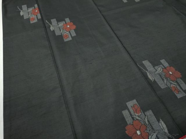 平和屋着物●上質な紬 短冊枝花文 黒地 ロング丈 正絹 逸品 CAAZ3792yc