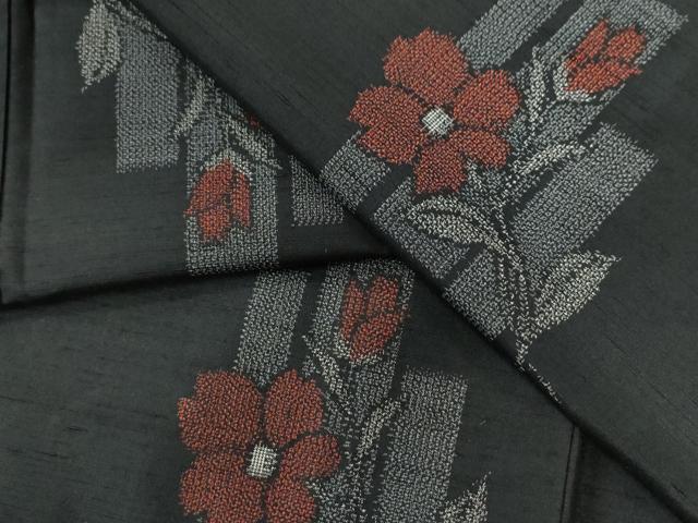平和屋着物●上質な紬 短冊枝花文 黒地 ロング丈 正絹 逸品 CAAZ3792yc