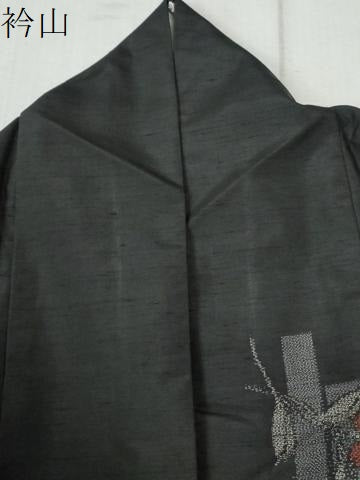 平和屋着物●上質な紬 短冊枝花文 黒地 ロング丈 正絹 逸品 CAAZ3792yc