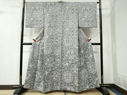 平和屋着物●上質なお召　天目織　更紗花鳥文　正絹　逸品　CAAZ3872yc