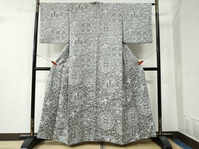平和屋着物●上質なお召　天目織　更紗花鳥文　正絹　逸品　CAAZ3872yc
