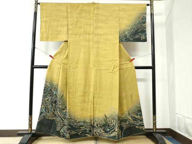 平和屋着物●染色作家　斉藤三才　訪問着　三才鳥　墨流し文様　暈し染め　金彩　正絹　逸品　CAAZ3899yc 平和屋着物○染色作家 斉藤三才 訪問着 三才鳥 墨流し文様 暈し