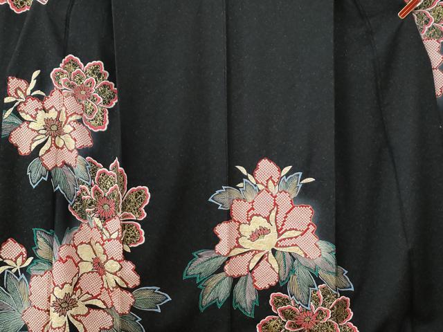 平和屋着物○豪華振袖 絞り 草花文 暈し染め 黒地 銀通し地