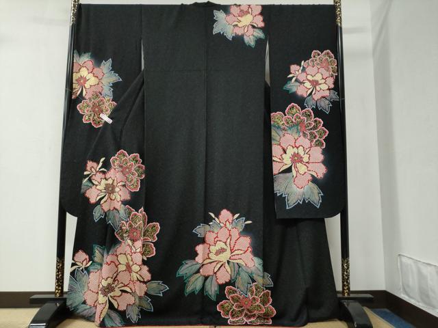 平和屋着物○豪華振袖 絞り 草花文 暈し染め 黒地 銀通し地