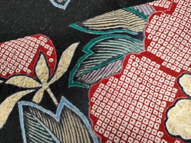 平和屋着物○豪華振袖 絞り 草花文 暈し染め 黒地 銀通し地