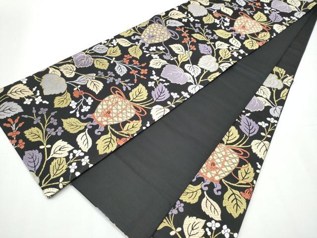 平和屋着物●西陣 岡文織物 六通柄袋帯 唐織 仕覆枝花文 黒地 証紙付き 正絹 逸品 CAAZ4009hy