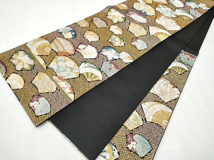 平和屋着物●六通柄袋帯 唐織 地紙草花文 黒地 金糸 正絹 逸品 CAAZ4018hy