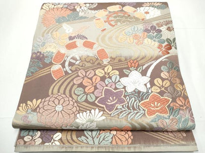 平和屋着物●六通柄袋帯　唐織　流水草花文　金糸　正絹　逸品　CAAZ4037hy