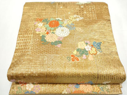 平和屋着物●西陣　織楽浅野　六通柄袋帯　唐織　草花文　金糸　正絹　逸品　CAAZ4058hy