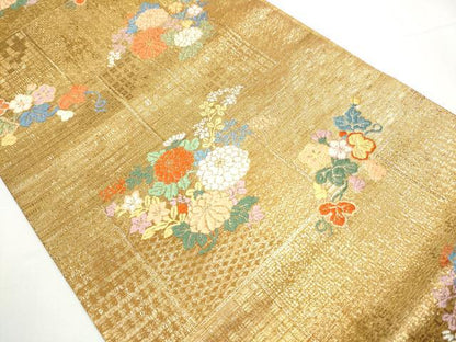 平和屋着物●西陣　織楽浅野　六通柄袋帯　唐織　草花文　金糸　正絹　逸品　CAAZ4058hy
