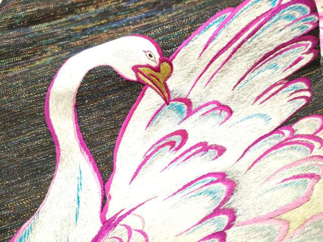 平和屋着物○アンティーク 大正ロマン 九寸名古屋帯 手刺繍 白鳥 金銀糸