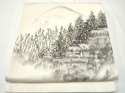 平和屋着物●太鼓柄袋帯 作家物 手描き 風景樹林文 銀通し地 正絹 逸品 CAAZ4127hy