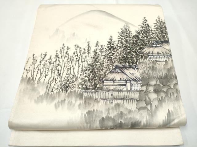 平和屋着物●太鼓柄袋帯 作家物 手描き 風景樹林文 銀通し地 正絹 逸品 CAAZ4127hy