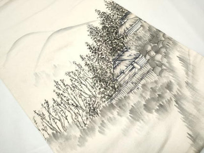 平和屋着物●太鼓柄袋帯 作家物 手描き 風景樹林文 銀通し地 正絹 逸品 CAAZ4127hy
