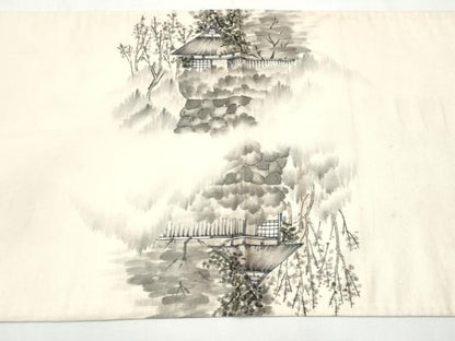 平和屋着物●太鼓柄袋帯 作家物 手描き 風景樹林文 銀通し地 正絹 逸品 CAAZ4127hy