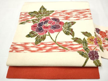 平和屋着物●九寸名古屋帯　型染め　枝花文　鬼しぼ縮緬　正絹　逸品　CAAZ4146hy