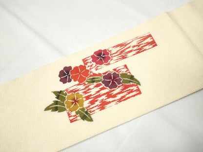 平和屋着物●九寸名古屋帯　型染め　枝花文　鬼しぼ縮緬　正絹　逸品　CAAZ4146hy