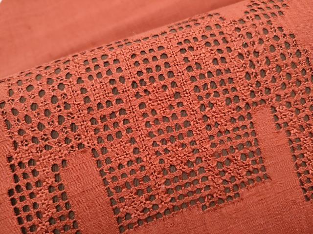 平和屋着物●中国三大刺繍　スワトウ刺繍　総刺繍　九寸名古屋帯　紬地　動物文　柿色　正絹　逸品　CAAZ4152hy