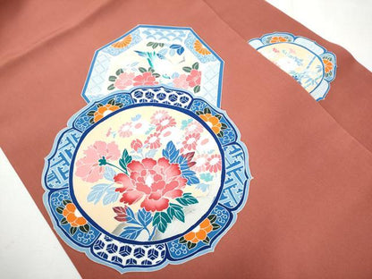平和屋着物●塩瀬　九寸名古屋帯　友禅　絵皿花蝶文　正絹　逸品　CAAZ4159hy