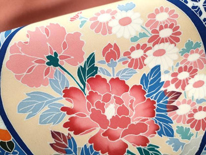平和屋着物●塩瀬　九寸名古屋帯　友禅　絵皿花蝶文　正絹　逸品　CAAZ4159hy