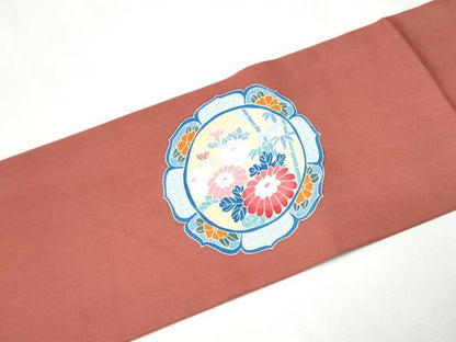 平和屋着物●塩瀬　九寸名古屋帯　友禅　絵皿花蝶文　正絹　逸品　CAAZ4159hy