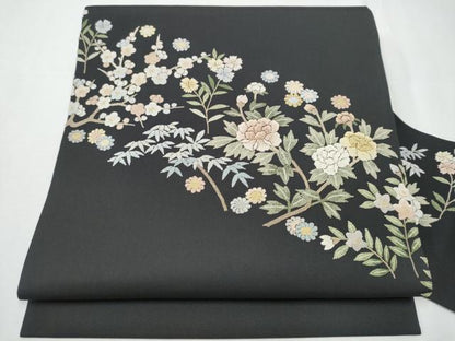 平和屋着物●中国三大刺繍 相良刺繍 総刺繍 塩瀬 九寸名古屋帯 枝花文 黒地 正絹 逸品 CAAZ4165hy