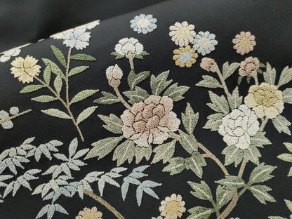 平和屋着物●中国三大刺繍 相良刺繍 総刺繍 塩瀬 九寸名古屋帯 枝花文 黒地 正絹 逸品 CAAZ4165hy