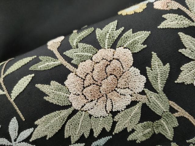 平和屋着物●中国三大刺繍 相良刺繍 総刺繍 塩瀬 九寸名古屋帯 枝花文 黒地 正絹 逸品 CAAZ4165hy