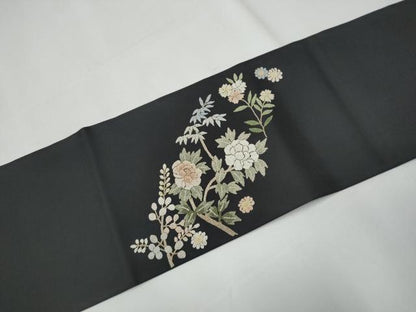 平和屋着物●中国三大刺繍 相良刺繍 総刺繍 塩瀬 九寸名古屋帯 枝花文 黒地 正絹 逸品 CAAZ4165hy