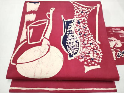 平和屋着物●九寸名古屋帯　作家物　一珍染め　陶器文　正絹　逸品　CAAZ4175hy