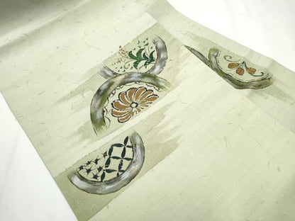 平和屋着物●九寸名古屋帯　手描き　髭紬　草花文　金銀彩　正絹　逸品　CAAZ4192hy