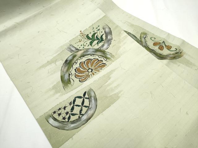 平和屋着物●九寸名古屋帯　手描き　髭紬　草花文　金銀彩　正絹　逸品　CAAZ4192hy