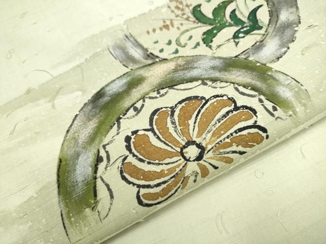平和屋着物●九寸名古屋帯　手描き　髭紬　草花文　金銀彩　正絹　逸品　CAAZ4192hy