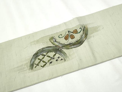 平和屋着物●九寸名古屋帯　手描き　髭紬　草花文　金銀彩　正絹　逸品　CAAZ4192hy