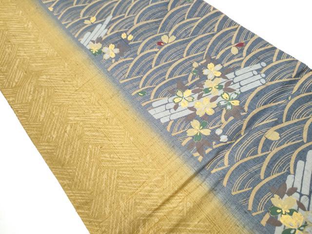 平和屋着物○全通柄袋帯 紬地 花筏文 金彩 正絹 逸品