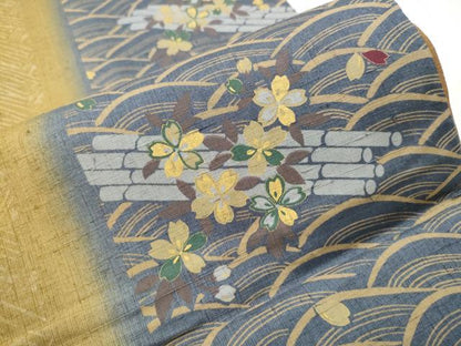 平和屋着物●全通柄袋帯 紬地 花筏文 金彩 正絹 逸品 CAAZ4237hy