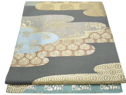 平和屋着物●六通柄 本袋帯 エ霞花蝶文 金糸 正絹 逸品 CAAZ4247hy