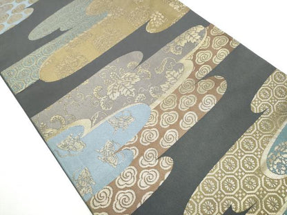 平和屋着物●六通柄 本袋帯 エ霞花蝶文 金糸 正絹 逸品 CAAZ4247hy