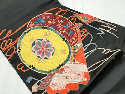 平和屋着物●アンティーク　大正ロマン　九寸名古屋帯　駒刺繍　鼓花文　黒地　金銀糸　正絹　逸品　CAAZ4280hy