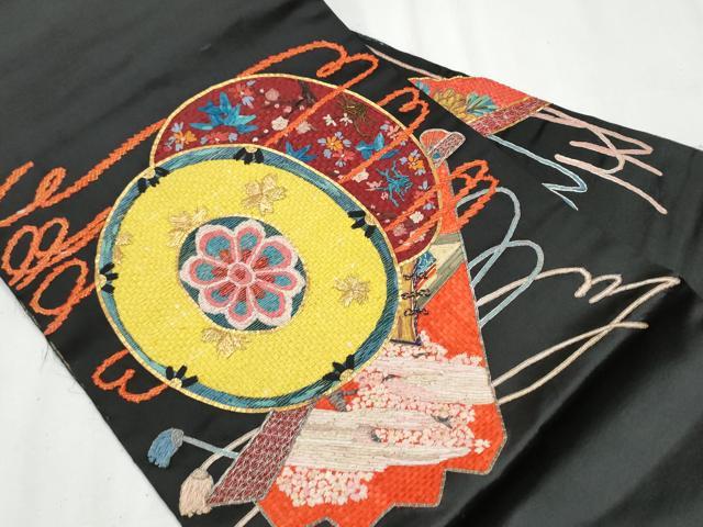 平和屋着物●アンティーク　大正ロマン　九寸名古屋帯　駒刺繍　鼓花文　黒地　金銀糸　正絹　逸品　CAAZ4280hy
