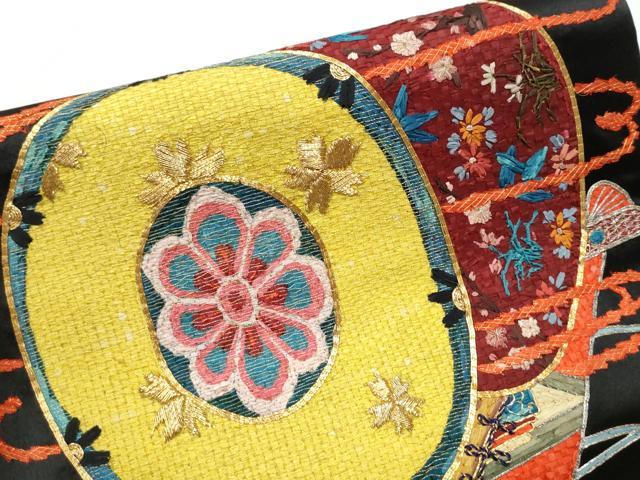 平和屋着物●アンティーク　大正ロマン　九寸名古屋帯　駒刺繍　鼓花文　黒地　金銀糸　正絹　逸品　CAAZ4280hy