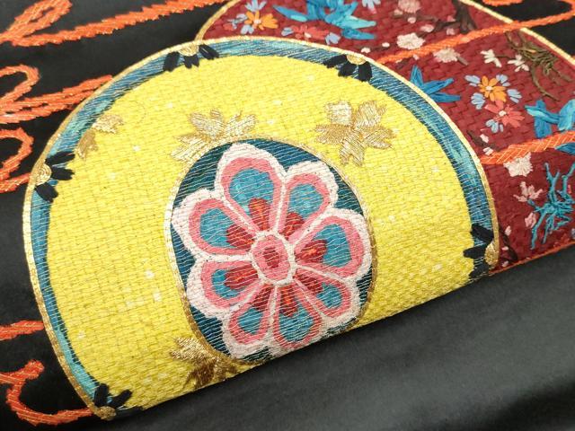 平和屋着物●アンティーク　大正ロマン　九寸名古屋帯　駒刺繍　鼓花文　黒地　金銀糸　正絹　逸品　CAAZ4280hy