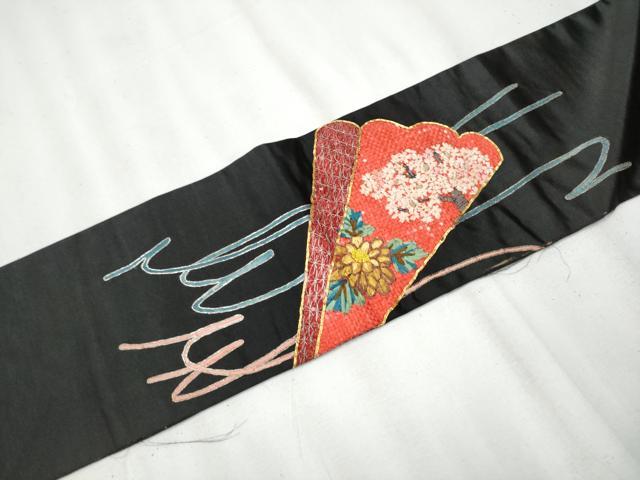 平和屋着物●アンティーク　大正ロマン　九寸名古屋帯　駒刺繍　鼓花文　黒地　金銀糸　正絹　逸品　CAAZ4280hy