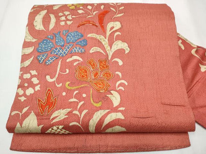 平和屋着物●アンティーク　大正ロマン　九寸名古屋帯　駒刺繍　草花文　金糸　正絹　逸品　CAAZ4281hy