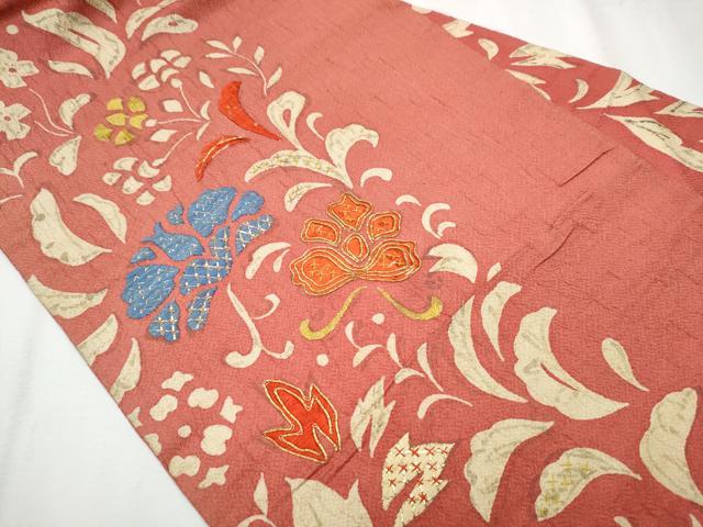 平和屋着物●アンティーク　大正ロマン　九寸名古屋帯　駒刺繍　草花文　金糸　正絹　逸品　CAAZ4281hy